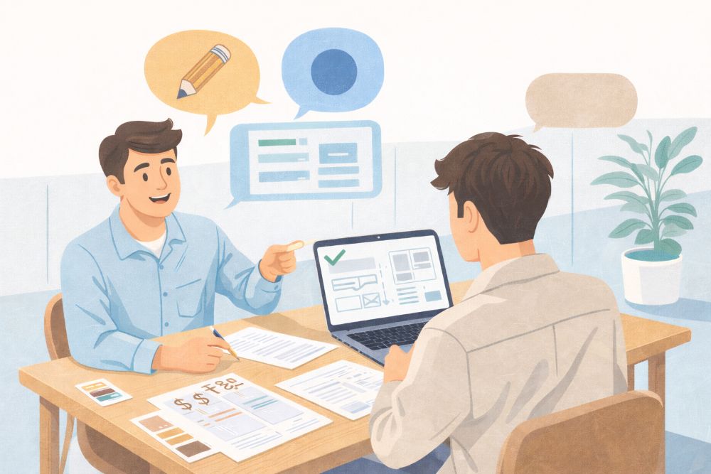 디자인 회의 중인 클라이언트와 디자이너