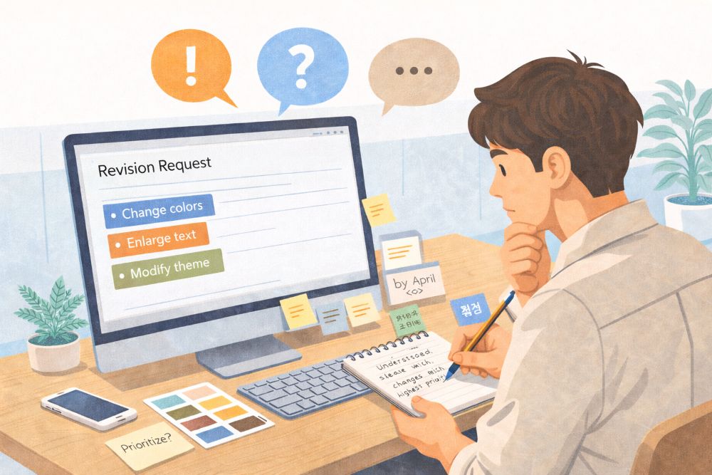 업무 중 수정 요청에 대응하는 신입디자이너