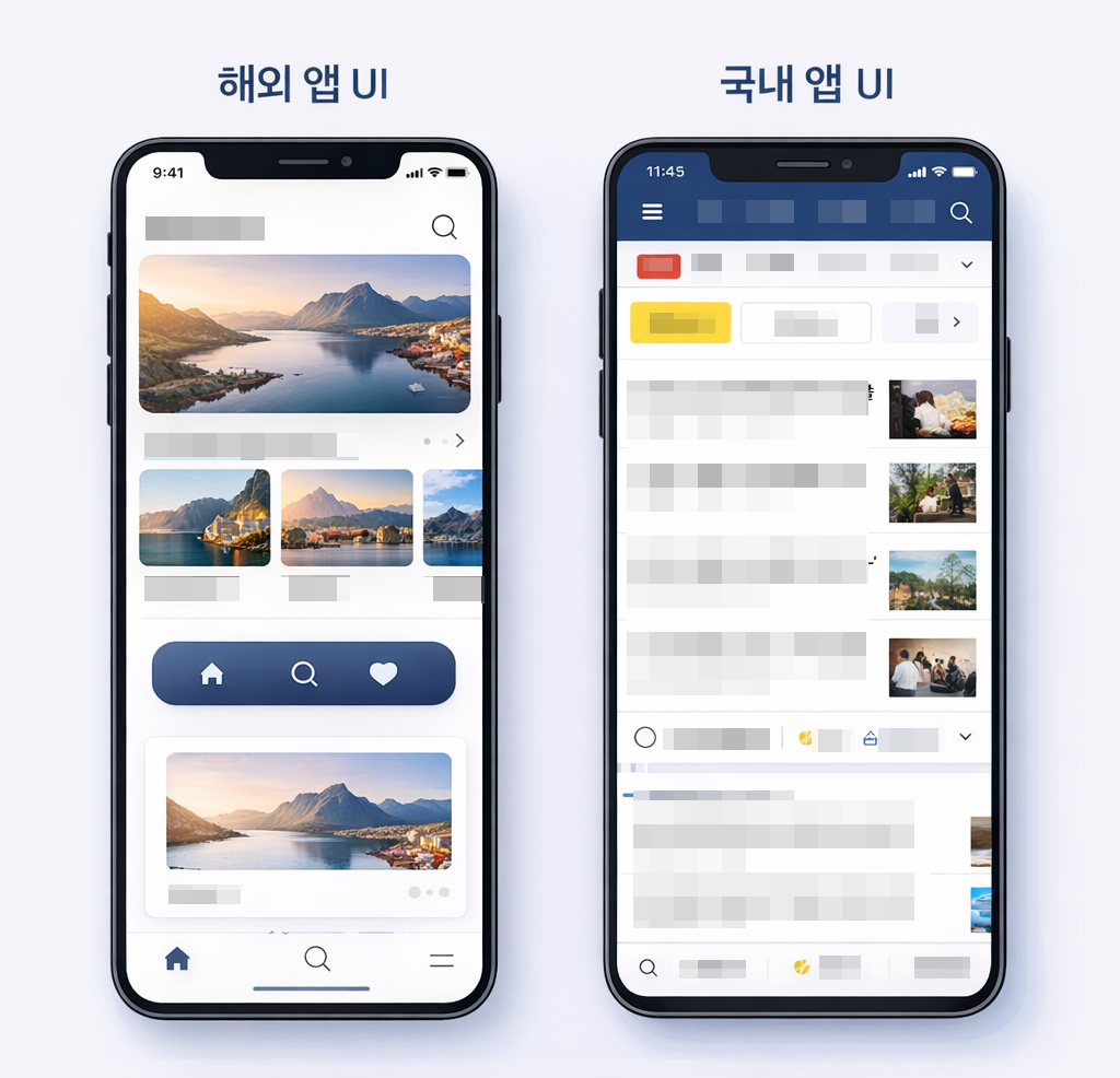 해외 디자인 트렌드와 국내 앱 UI를 비교하여 보여주는 이미지