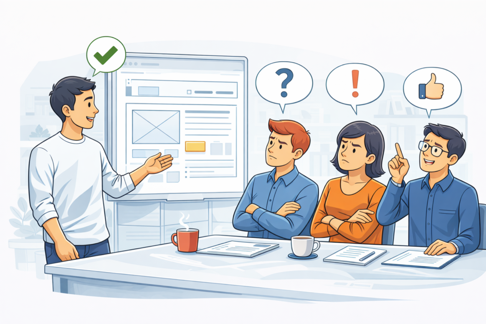 디자이너가 시안을 설명하고 있고, 사용자들은 서로 다른 반응을 보이는 회의 장면