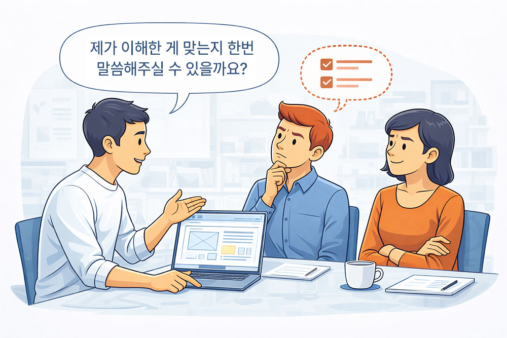회의에서 이해를 확인하는 질문을 하는 디자이너 일러스트