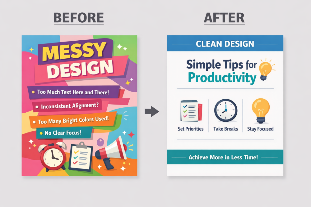 번잡한 레이아웃과 정리된 레이아웃을 비교한 포스터 이미지
