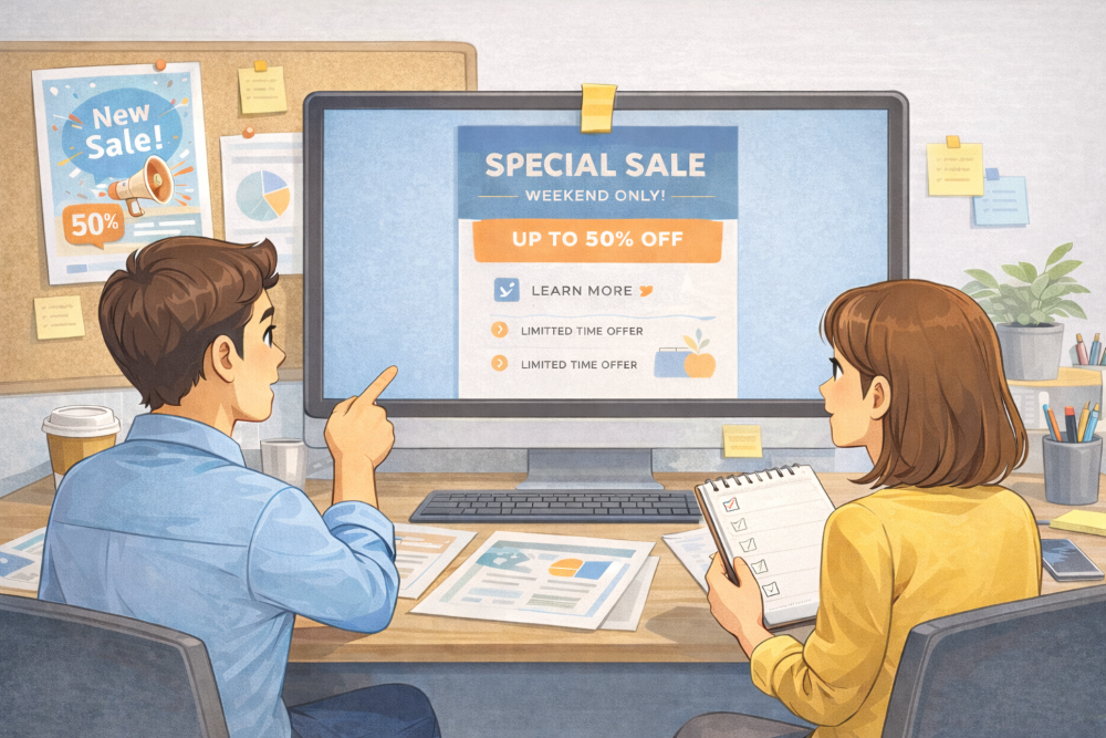 사무실에서 두 사람이 화면을 보며 디자인 레이아웃을 함께 검토하는 모습