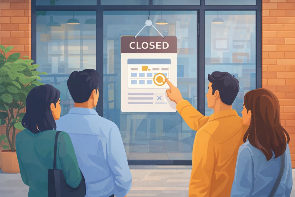 상점 앞에서 'CLOSED' 간판을 보는 사람들