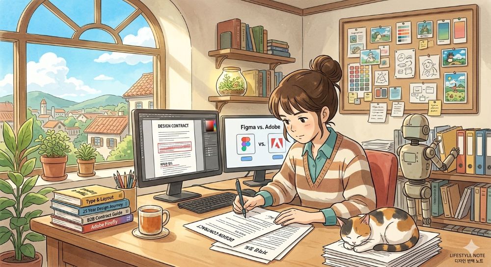 창가에서 계약서를 꼼꼼히 검토하며 펜을 든 디자이너와 그 뒤에서 조용히 서류를 정리해주는 AI 로봇