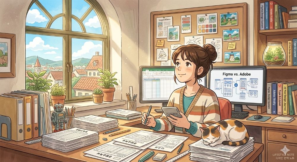 서류 뭉치 속에서 세금 계산기를 두드리다 햇살을 보며 미소 짓는 디자이너