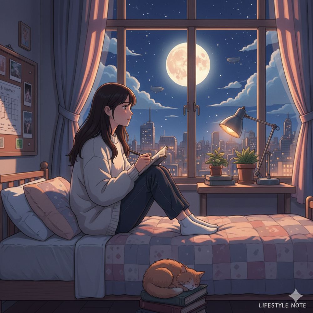 기숙사 창가에 앉아 가계부를 쓰거나 창밖을 보며 생각에 잠긴 여대생의 모습