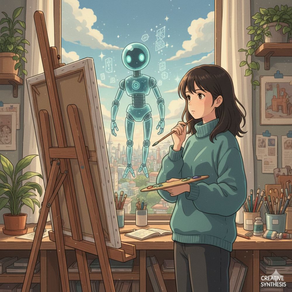 캔버스 앞에 선 디자이너와 그 옆에 홀로그램처럼 떠 있는 AI 로봇이 함께 그림을 고민하는 모습