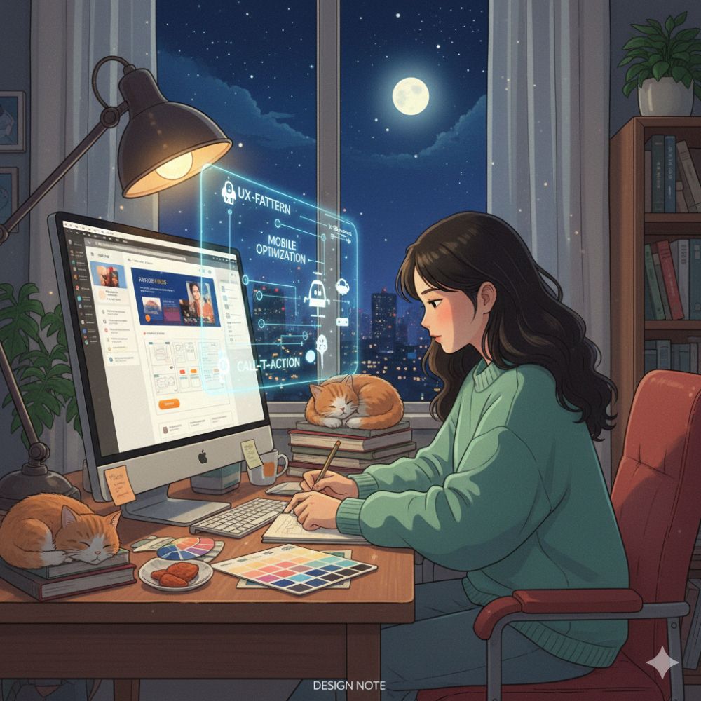 지브리 스타일의 따뜻한 감성이 담긴, 상세페이지 작업 중인 디자이너의 이미지