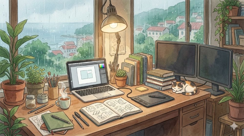 비가 내리는 창밖 풍경을 배경으로, 따뜻한 조명 아래 맥북과 듀얼 모니터가 켜져 있고, 그 옆에 디자인 서적과 커피 한 잔이 놓인 포근한 작업실 풍경