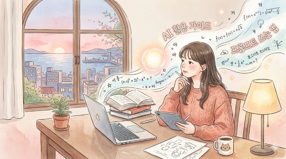 프롬프트 작성법 생각하는 여대생 일러스트