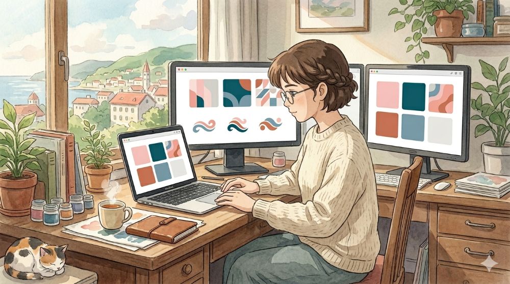 따스한 햇살이 드는 오후의 작업실. 책상 위에는 다양한 컬러 칩(Color Chips)이 흩어져 있고, 디자이너가 신중하게 색을 고르고 있는 모습이다.