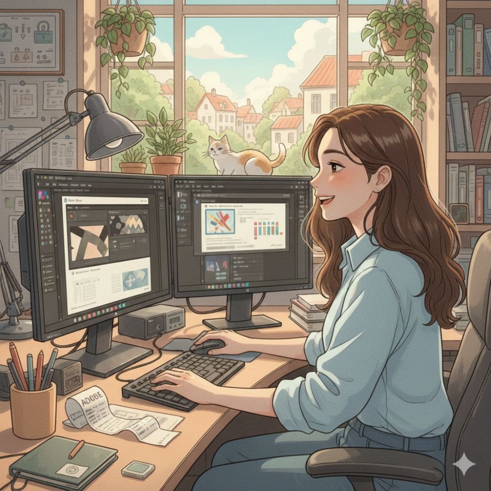 여성 프리랜서 디자이너가 작업하는 모습