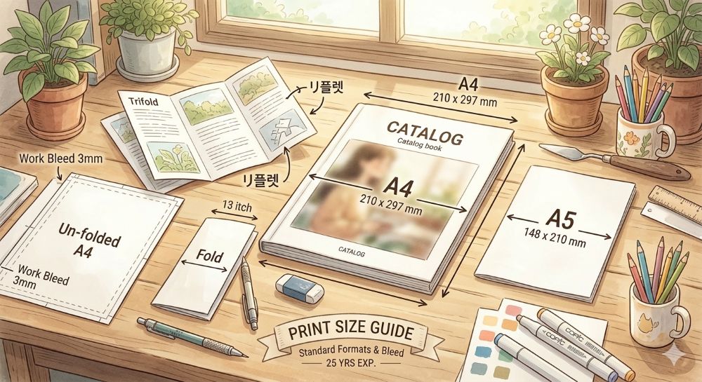 아늑한 디자인 작업실 책상 위에 A4, A5 전단과 다양한 접지의 리플렛, 두툼한 카탈로그가 mm 단위의 치수선과 함께 자연스럽게 펼쳐져 있는 모습
