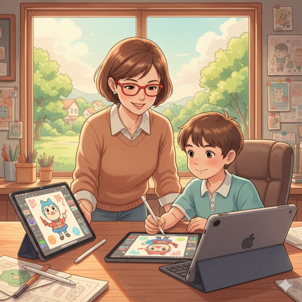 아이패드로 창의력을 발휘하는 젊은 디자이너와 멘토