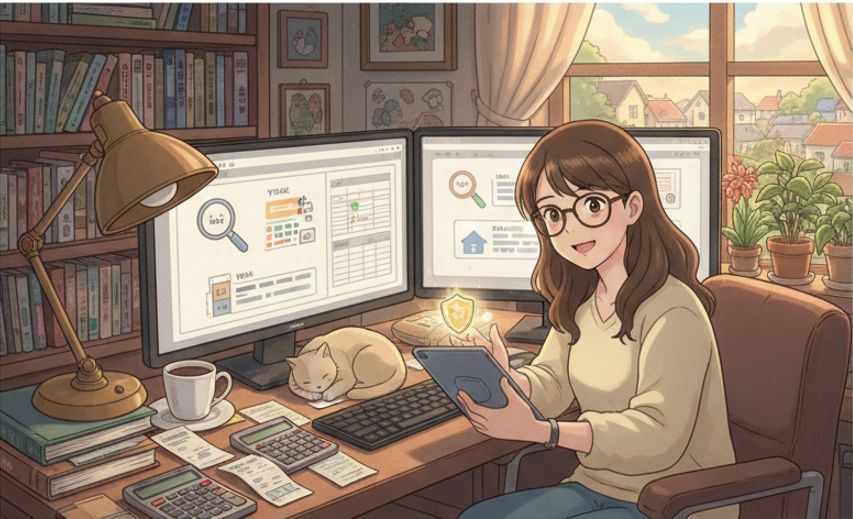 세금 계산하는 안경 쓴 디자이너