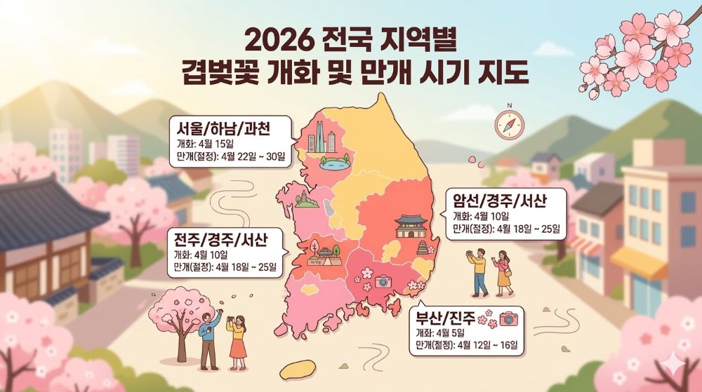 전국 지역별 겹벚꽃 개화 및 만개 시기 지도